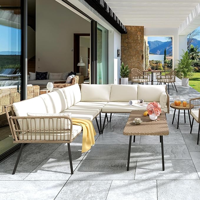YITAHOME 4 Pieces Patio Furniture Set with 5 Seater Outdoor Sectional with Thickness Cushions and Side Table Boho Patio Conversation Set Outdoor Furniture Set for Backyard Porch Balcony
