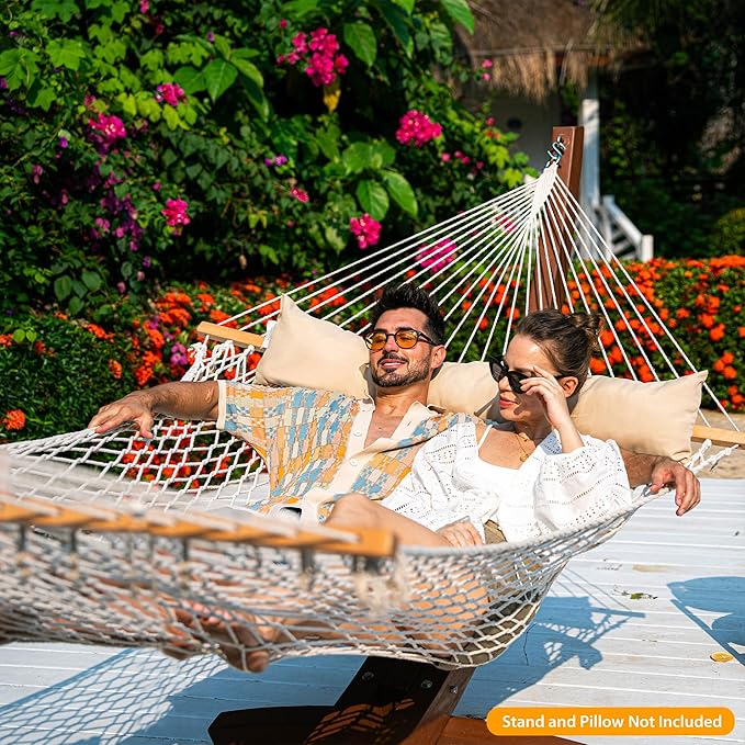 Lazy Daze Hammocks Rope Hammock with Pad, 2 Person Hand Woven Cotton Hammock with Spreader Bar for Outdoor, Indoor, Patio, Poolside, FIT 13-15 Foot Stand, Max 450 Lbs
