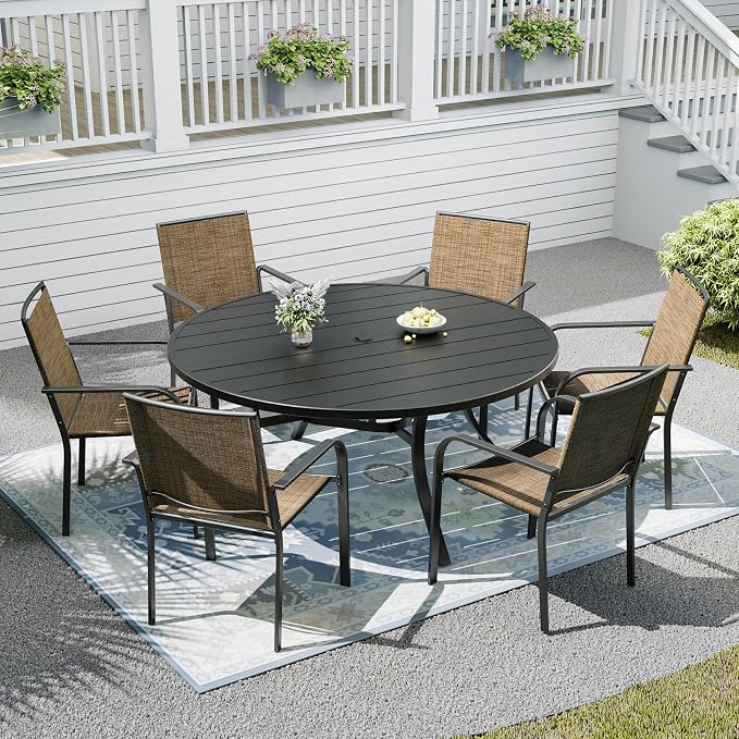 Patio Table and Chairs Set for 6 Person,54" Round Steel Slat Outdoor Table with 6PCS Breathable Textilene Stackable Chairs for Deck/Backyard/Poolside/Garden