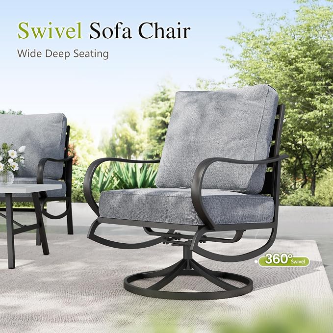 Sophia & William 2 Pieces Patio Furniture Sets Metal Sofa Chairs Patio Cushion Armchairs Swivel Sofa Chairs with Removable Cover for Garden Backyard Poolside Grey