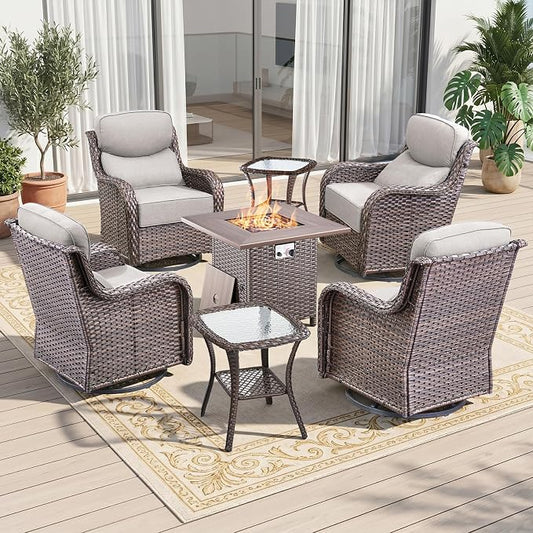 Luxury 7 Piece Wicker Patio Furniture Set with Swivel Rocker and 30“Fire Pit Table - Brown