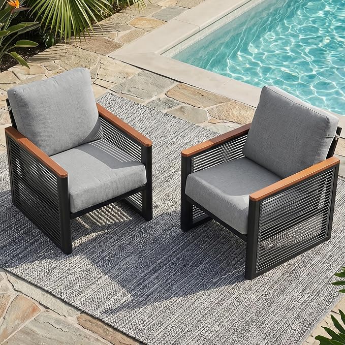 NATURAL EXPRESSIONS Aluminum Outdoor Furniture Armchair, Patio Chairs Set of 2 with Fauxwood Armrest, 6" Olefin Cushion, Rattan Side-armrest, All-Weather Outside Chair for Porch, Yard, Balcony, Deck