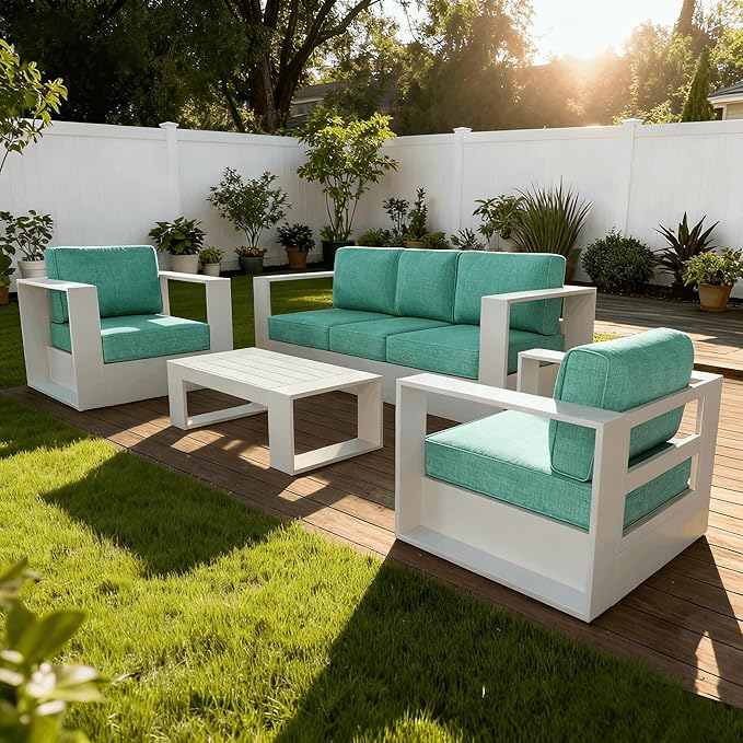 4 Pieces Patio Furniture Set with Coffee Table, Metal Modern Conversation Set with Deep Seating and Widened Aluminum Frame for Deck, Porch, Garden