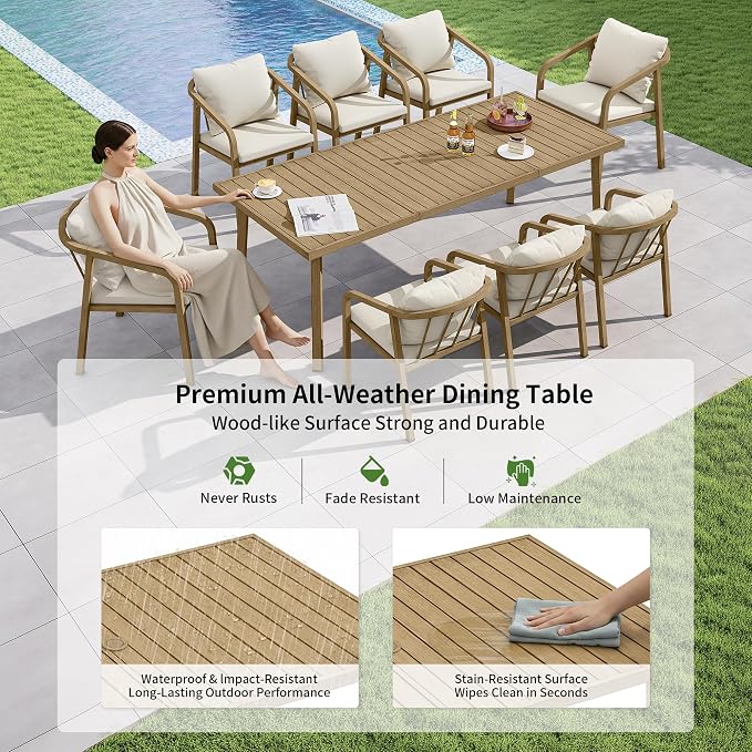 82"×35" Never-Rust Aluminum Outdoor Dining Table – Rectangular Patio Table for 8 Person with Umbrella Hole, Heavy Duty All-Weather for Poolside, Garden, Backyard, Porch, Deck, Teak