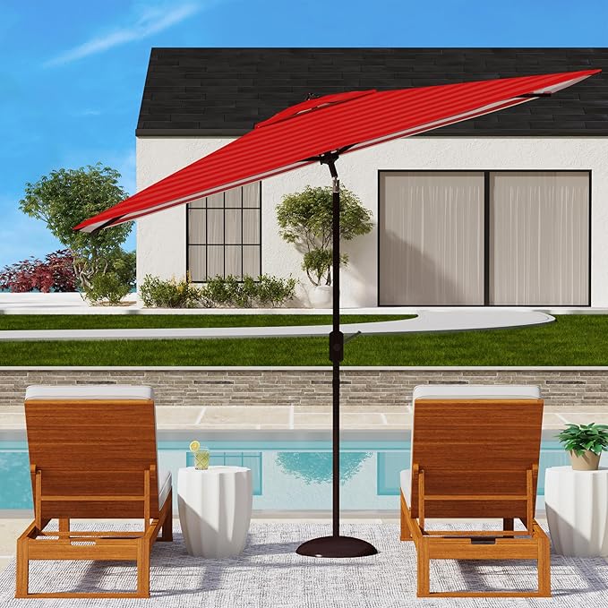SAFAVIEH Outdoor Collection Athens Red 7 x 10 Ft Rectangular Auto Tilt Crank UV Protected Umbrella