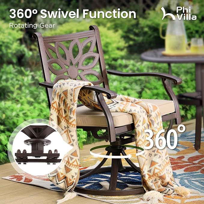 PHI VILLA 7 Pieces Outdoor Cast Aluminium Dining Set for 6, 54" Round Patio Table with Umbrella Hole & Heavy-Duty Swivel Chairs with Cushions, Large Outside Furniture Set for Deck, Porch - Brown