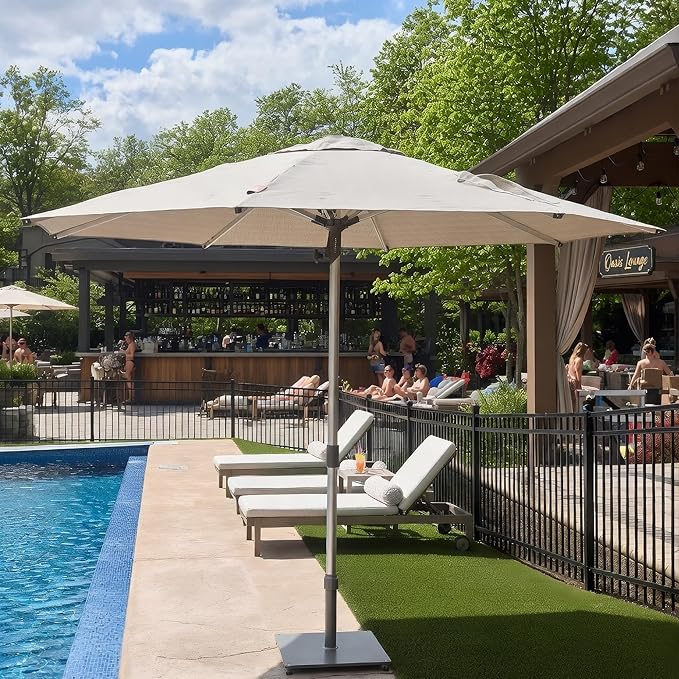 PURPLE LEAF 10 FT Semi-Auto Outdoor Patio Umbrella Market Table Sun Umbrellas with 8 Aluminum Sturdy Ribs for Backyard Deck Garden Pool (Silver Pole Beige Canopy)