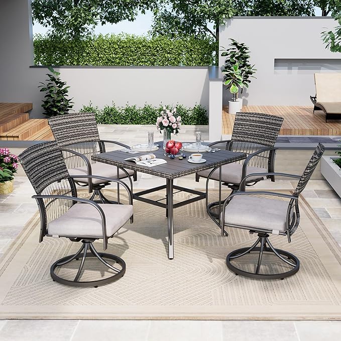 Pamapic 5-Piece Outdoor Dining Set with Swivel Chairs, Rattan Patio Furniture for Backyard, Deck, Garden, Weather-Resistant Iron Slats Table & 4 Chairs with Removable Cushions (Grey)