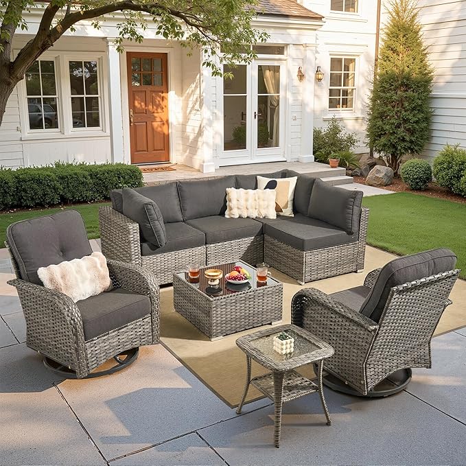 Wicker Patio Furniture Set, 8 Pieces Outdoor Sectional Sets with 6 Seats, Rattan Conversation Set with Swivel Chairs for Garden and Backyard, l Shape Couch Set