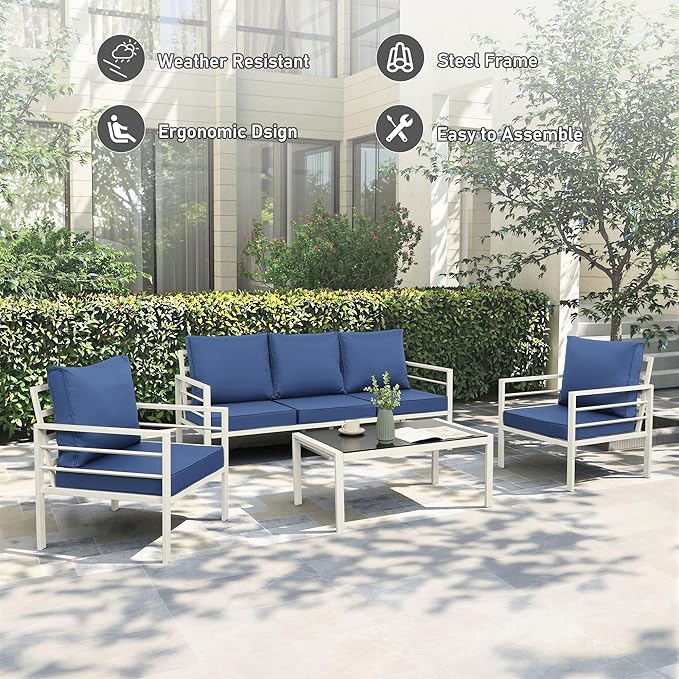 WAROOM Patio Furniture Set 4 Pieces Metal Outdoor Conversation Sets Backyard Chair Outside Couch with Coffee Table, Blue Cushion
