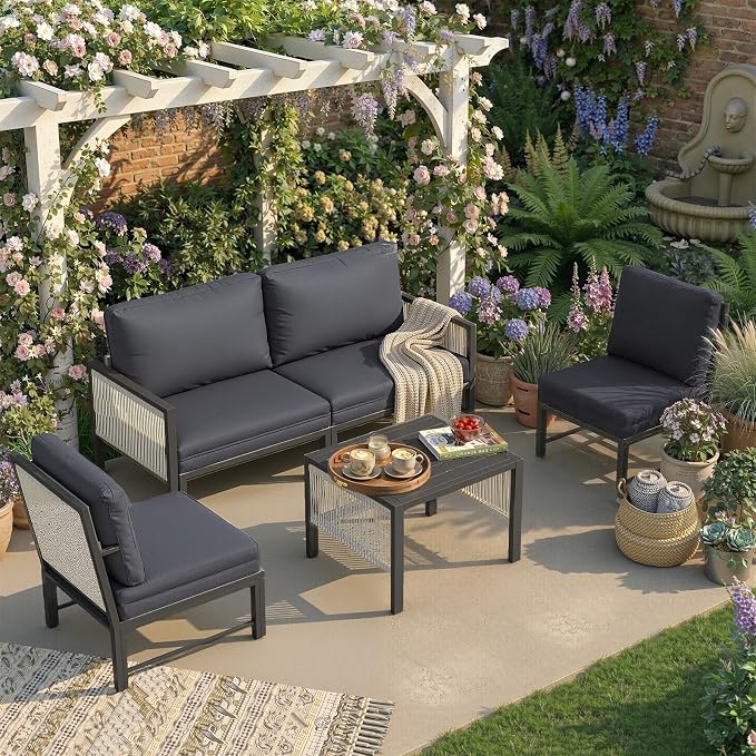 U-MAX Aluminum Patio Furniture Set 4 Seats Outdoor Sectional Couch with Coffee Central Table Patio Conversation Sets for Porch Deck (Dark Grey, with Retractable Sofa Couch and Single Sofa)