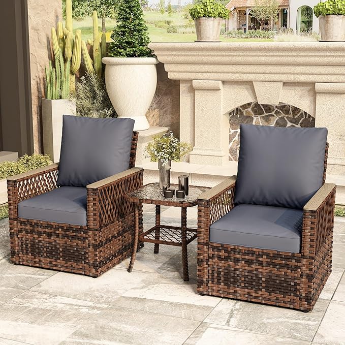 MELLCOM 3 Pieces Patio Bistro Set, Outdoor Wicker Chairs with Side Table, All-Weather Patio Furniture Set with Water-Resistant Cushions and High Back for Garden, Backyard