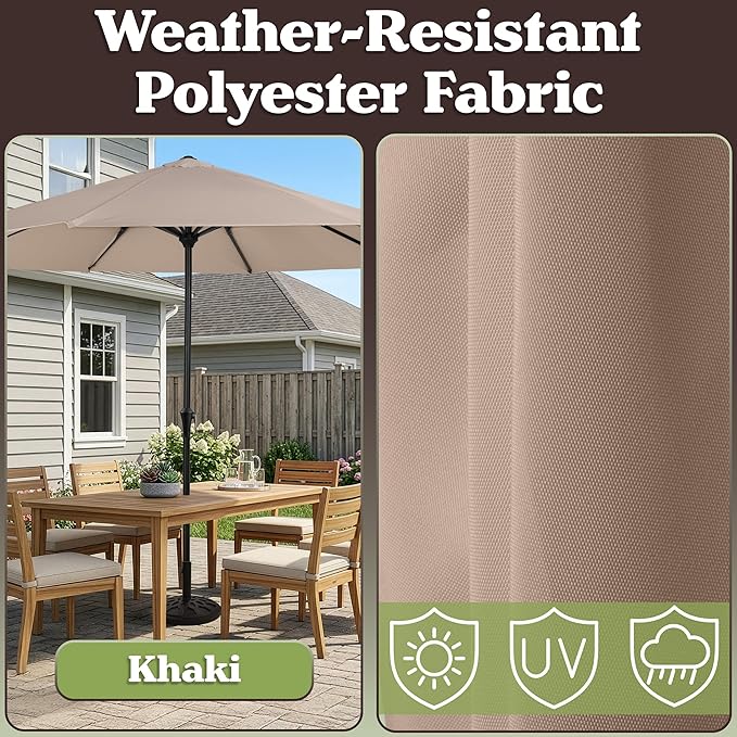Pure Garden 9FT Round Patio Umbrella with 19lb Weighted Base - Easy Crank, Vented Canopy Outdoor Umbrella for Shade - For Deck, Balcony, Porch, Backyard, or Pool (Khaki)