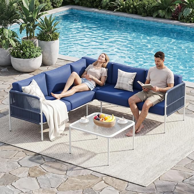 Jocoevol 6-Piece Outdoor Patio Furniture Set - L-Shaped Sectional Sofa with Side Table & Thick Cushions - All-Weather Metal Conversation Set for Backyard, Garden, Balcony