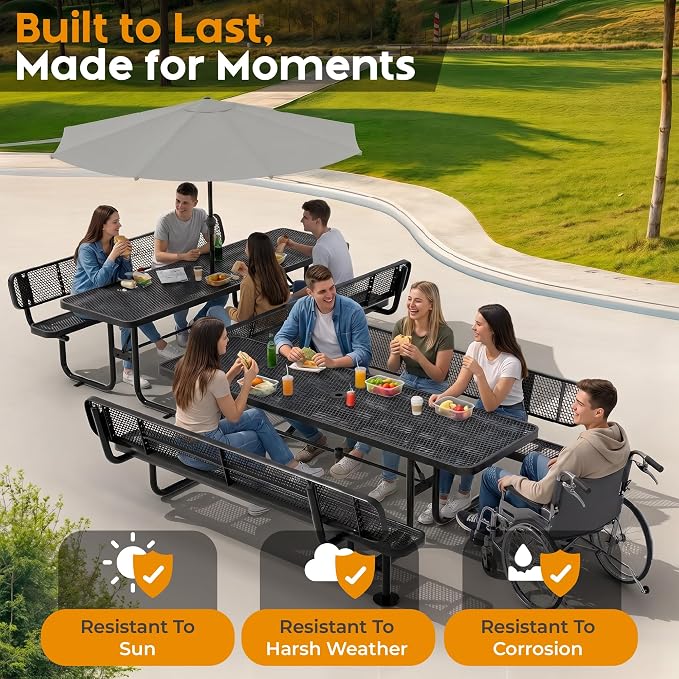 Commercial Heavy-Duty Metal Picnic Table (Black, 8' Rectangular with Back)