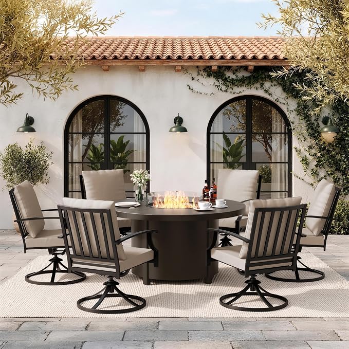 7 Pieces Outdoor Patio Furniture Set with 48" 55000 BTU Round Propane Fire Pit Table,Patio Dining Set Outdoor Conversation Sets 6 Swivel Chairs for Deck,Backyard and Garden,Brown