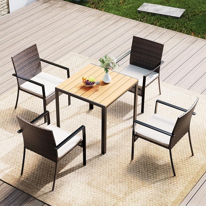 5 Piece Patio Dining Set, Wicker Outdoor Table and Chairs with Umbrella Hole ＆ Soft Cushion, Patio Furniture Set for Backyard, Garden, Poolside, Deck - Balck＆White