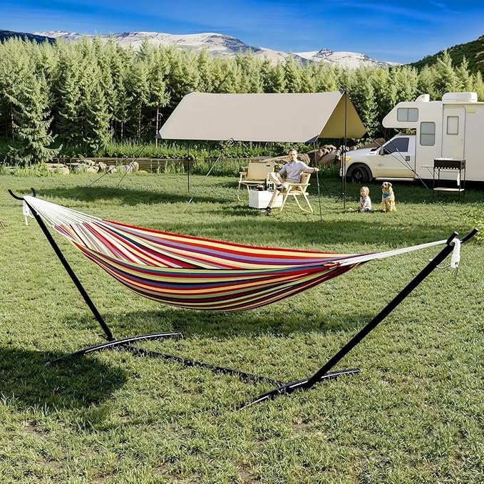 in ＆ Outdoor Double Hammock with Stand Can Bear 450lb Capacity, 2 Person Portable Foldable Hammock, Heavy-Duty Hammock,for Garden/Backyard/Patio,Yellow Rainbow Stripes