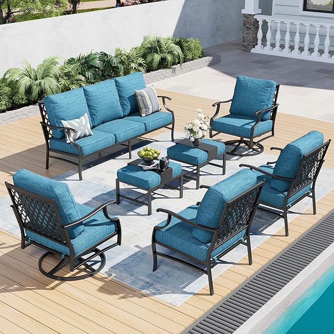 7 Piece Metal Outdoor Patio Furniture Set, Patio Conversation Sets 3-seater Sofa, 2 Fixed Chairs, 2 Swivel Chairs, 2 Ottomans with 5.75" Thick Cushion, Black Backyard Furniture, Blue-2