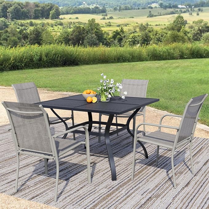 5-Piece Outdoor Dining Set, Square Metal Table with Grey Chairs, Black Patio Table with Umbrella Hole for Garden, Yard, Patio