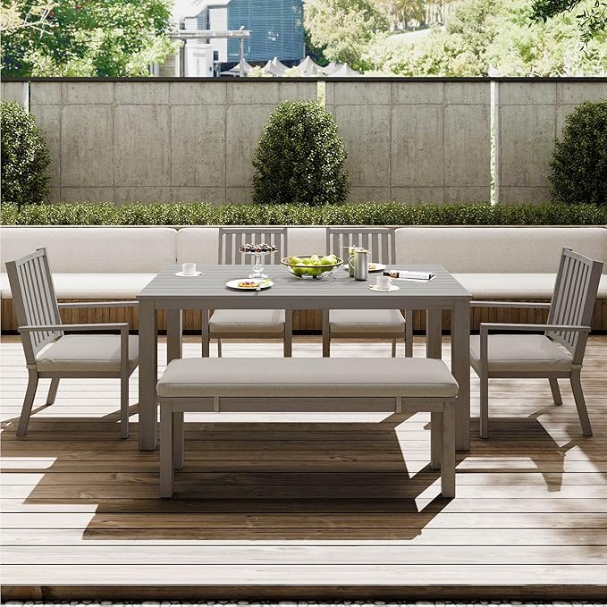 RoyalCraft Aluminum 6 Pieces Patio Dining Sets, Outdoor Dining Table with 4 Chairs and Bench, Outdoor Patio Dining Furniture Set with Removable Cushion for Lawn, Garden, Backyard, Gray