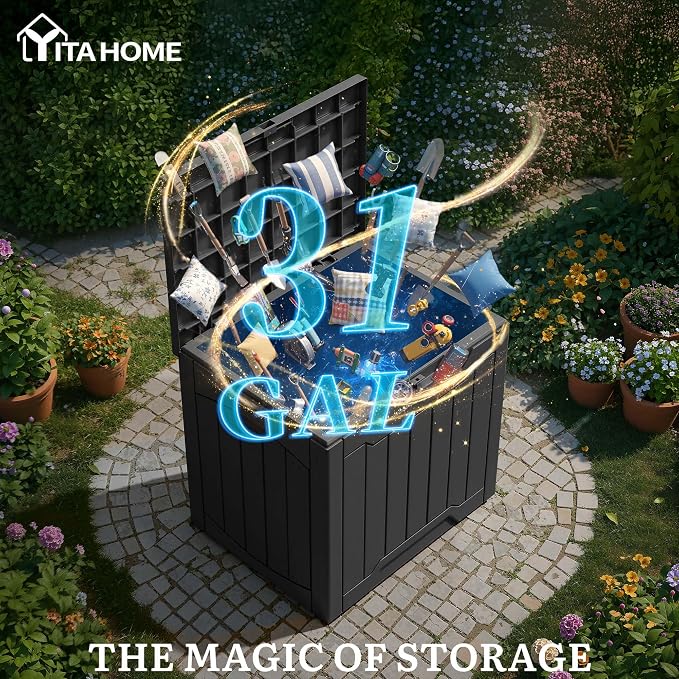 YITAHOME 31 Gallon OutdoorDeck Box, Lockable Resin Storage Box and Waterproof Package Delivery Box for Patio, Garden, Poolside, Cushions, Supplies & Sports Gear, Black