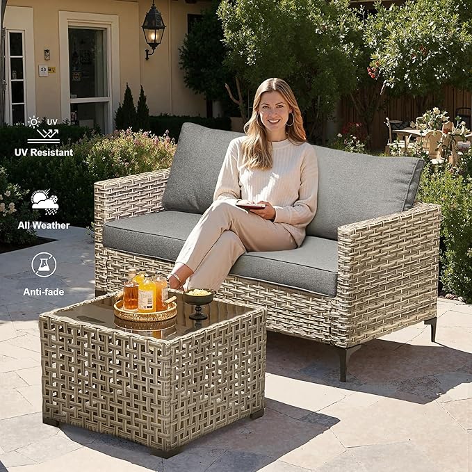 Outdoor Patio Furniture Sets,9 PCS Patio Conversation Set Outside Rattan Sectional Sofa with 42 in Fire Pit Table Wicker Rocking Chair Coffee Table Fit Backyard Porch Garden Poolside Balcony