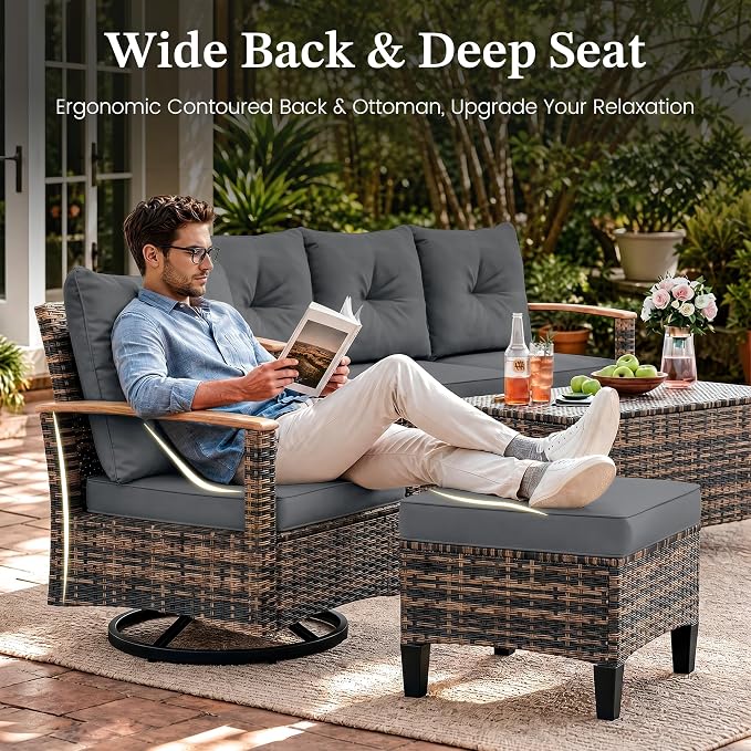 UDPATIO Patio Furniture Set, 6 Pieces Outdoor Wicker Conversation Set with 2 Ottomans & Storage Table for Lawn, Porch, Garden, Backyard, Grey