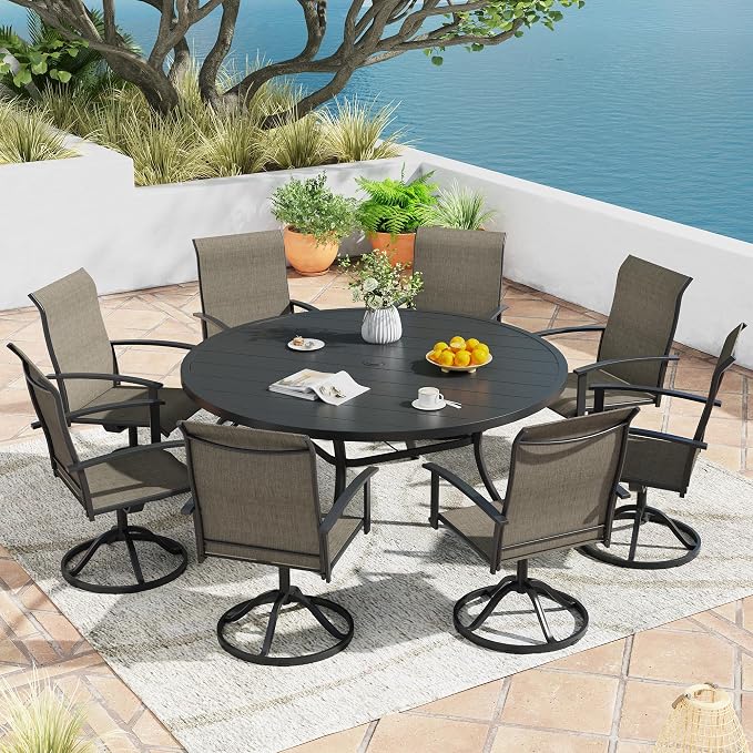 9 Pieces Outdoor Patio Dining Table Set, 60" All Weather Round Metal Table with Umbrella Hole and 8 High Back Textilene Swivel Chairs for Garden, Lawn, Poolside, Black Table & Brown Chairs