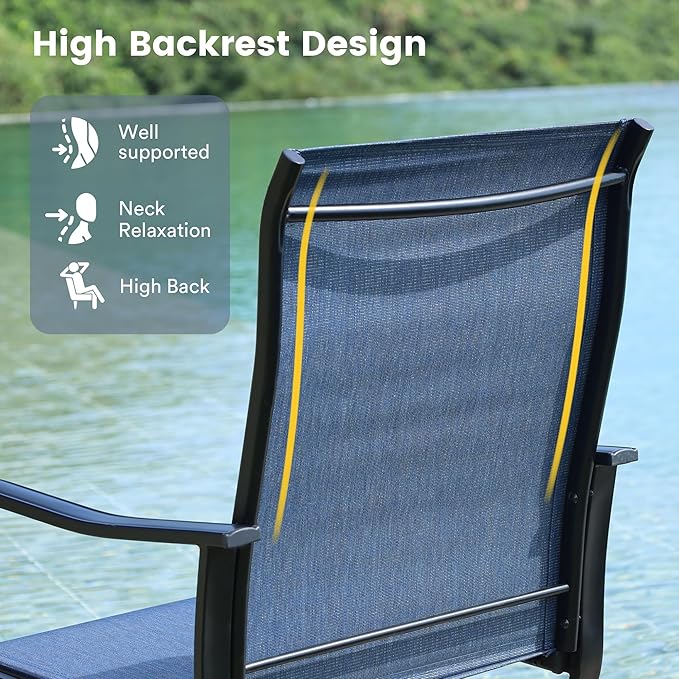 VICLLAX Patio Dining Set for 6, 7 Pieces Outdoor Furniture Includes 47.2" Round Patio Table with Umbrella Hole and 6 Outdoor Swivel Chairs for Lawn Garden, Black Tabletop and Blue Fabric