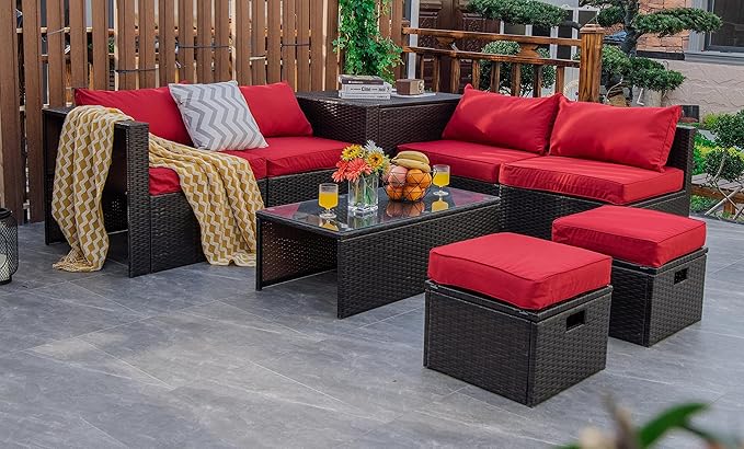 COSTWAY 8-Piece Outdoor Patio Furniture Set, Rattan Sectional Sofa, Armless Chairs, Side Table with Storage Ottoman & Glass Coffee Table, Space-Saving Conversation Set for Garden Deck (Red)
