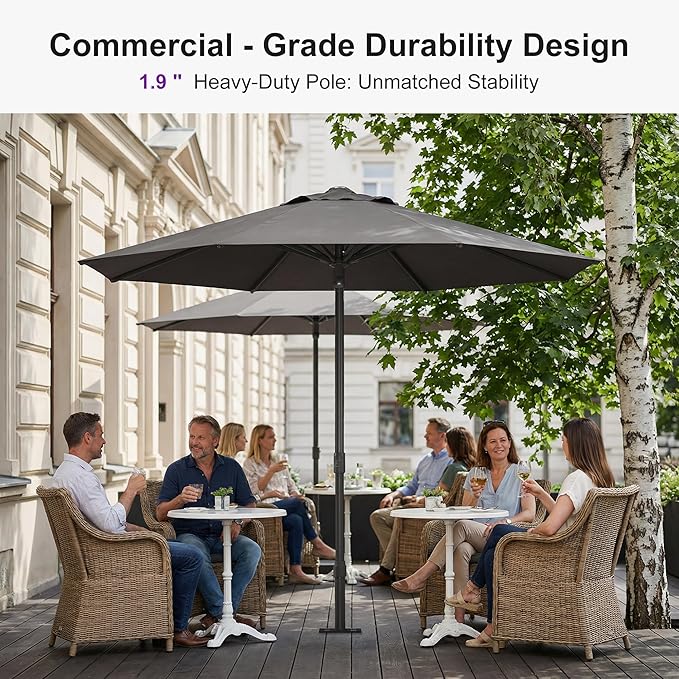 PURPLE LEAF 10Ft Round Semi-Auto Outdoor Patio Umbrella Aluminium Market Umbrella Table Sun Umbrella with 1.89" Rod and 8 Sturdy Ribs for Deck Lawn Pool Garden, Gray