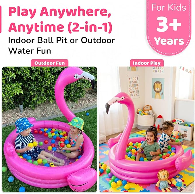 Pink Flamingo Kiddie Pool 48” Inflatables Pool for Kids Holds 65 Gallons of Water - Baby Blow Up Swimming Fun for Kids 1-3 - Portable Backyard Water Play Pools for Boys & Girls