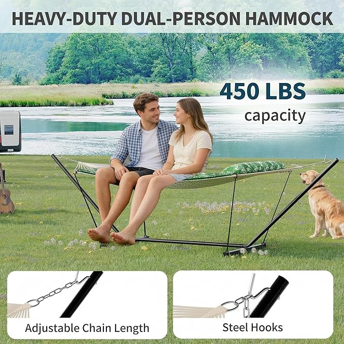 2 Person Portable Double Hammock with Stand, Outdoor Quilted Polyester Padded Hammock with Pillow, Adjustable Steel Hammock Stand for Patio, Garden, Beach, Backyard, Camping