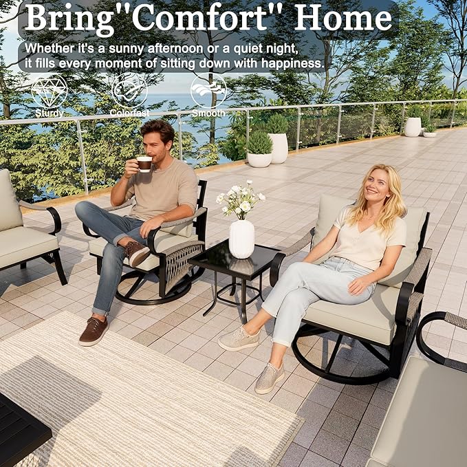 9 Pieces Patio Conversation Sets, All-Weather Metal Swivel Rocking Chairs with Rope Furniture Set, Outdoor Sofa Couch for Deck, Porch, Garden, Backyard, Poolside (Beige Cushions)