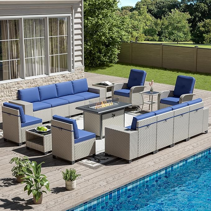 16-Piece Outdoor Patio Furniture Set, Modular Sectional Sofa Set with Swivel Rocker Chairs & Fire Pit, Wicker Outdoor Couch Conversation Sets w/Coffee Table and Cushions, Blue