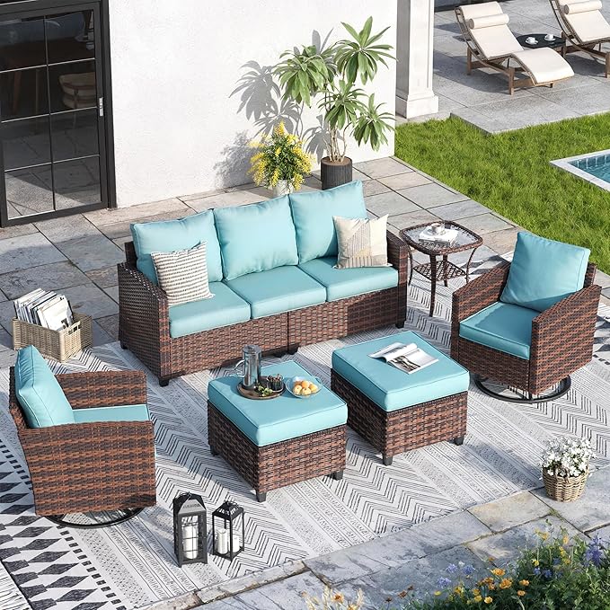 Patio Furniture Sets, 6 Pcs Patio Outdoor Sectional Furniture, Wicker Rattan Conversation Sofa with Swivel Chair, Ottomans, Side Table, 4" Thick Cushion, for Garden Backyard Deck,Light Blue