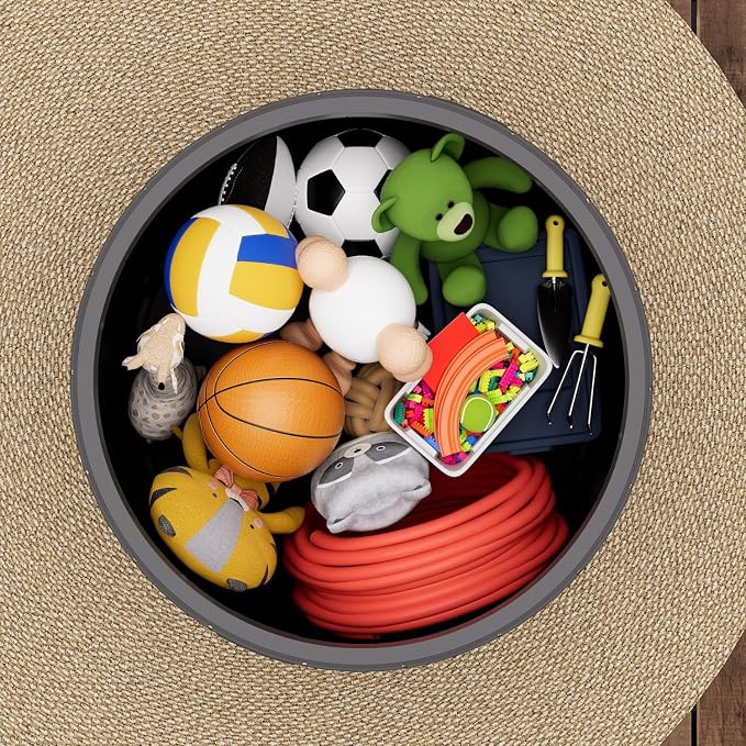ZZM 33 Gallon Round Deck Box, Patio Side Table for Cushion, Picnic Bucket, Small Bench Seat, All-Weather & Portable, Gray