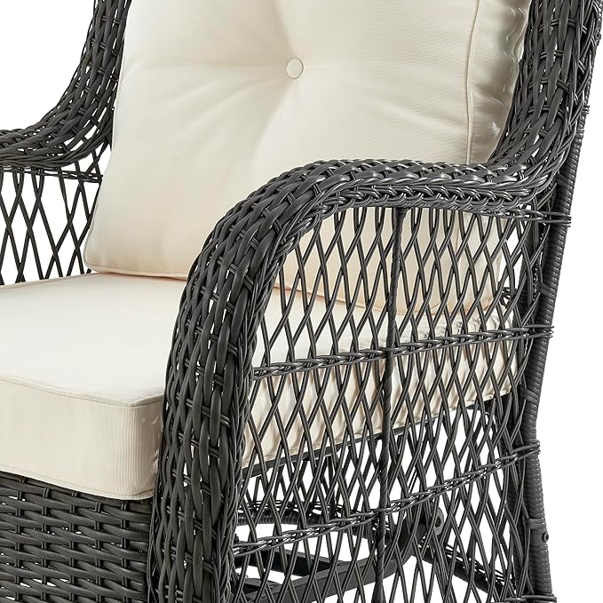 Manhattan Comfort Fruttuo 3-Piece Patio Conversation Set, Swivel Steel Rattan Chairs with Removable Cushions & Tempered Glass End Table, Weather-Resistant Outdoor Furniture for Backyard & Porch, Cream