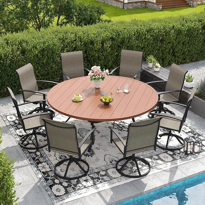 DIFY 63" Round Outdoor Patio Dining Table for 8-10, Metal Patio Table with 1.57" Adjustable Umbrella Hole, All-Weather Outdoor Furniture Table for Garden Backyard Deck, Walnut