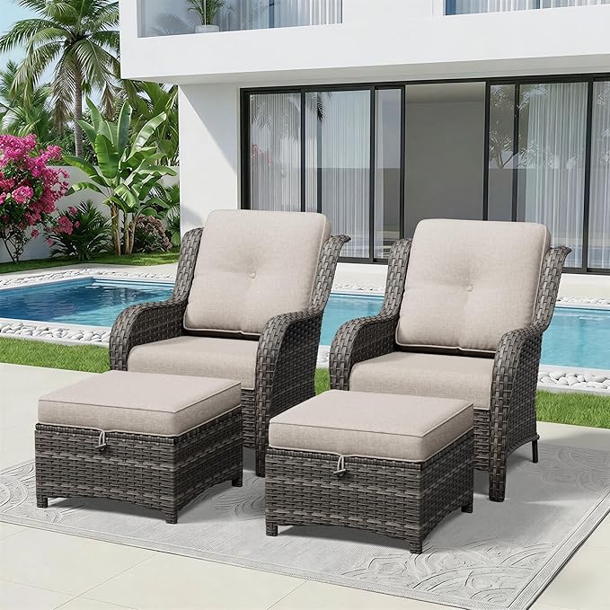 4 Piece Outdoor Wicker Patio Furniture Set, Patio Chairs Set with Thickened Olefin Cushions, High Back and Deep Seating, Hand-Woven PE Rattan, Ottoman for Porch, Deck, Beige