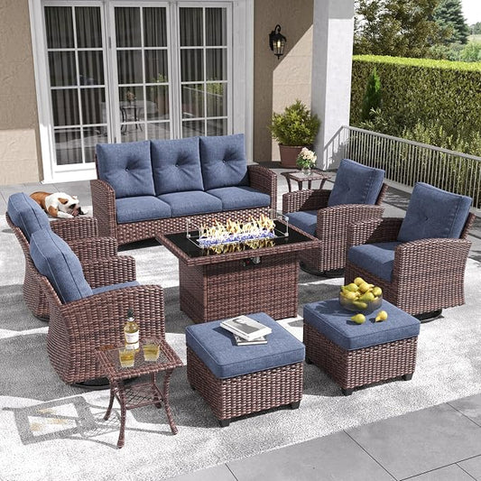 LayinSun 10 Pieces Patio Furniture Set with Swivel Chairs, Rattan Wicker Rocking Glide Chairs with 44" Propane Gas Fire Pit Table Conversation Set
