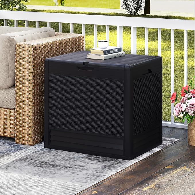 Tangkula 25 Gallon Outdoor Storage Box, Waterproof PP Resin Patio Storage Box with with Lockable Lid for Indoor & Outdoor Use, 2-in-1 Rattan Design Deck Box for Patio Cushions, Garden Tools