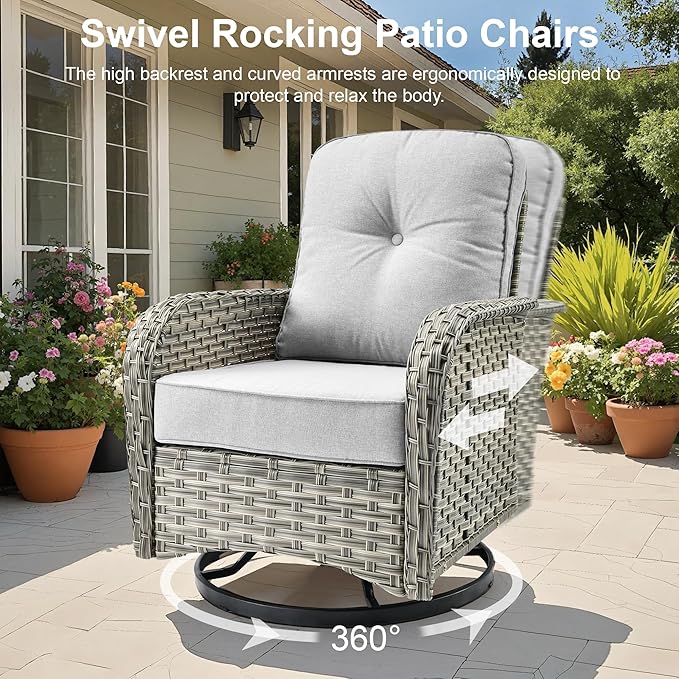Outdoor Patio Furniture Sets,9 PCS Patio Conversation Set Outside Rattan Sectional Sofa with 42 in Square Fire Pit Table Wicker Rocking Chair Coffee Table Fit Backyard Garden Poolside Balcony