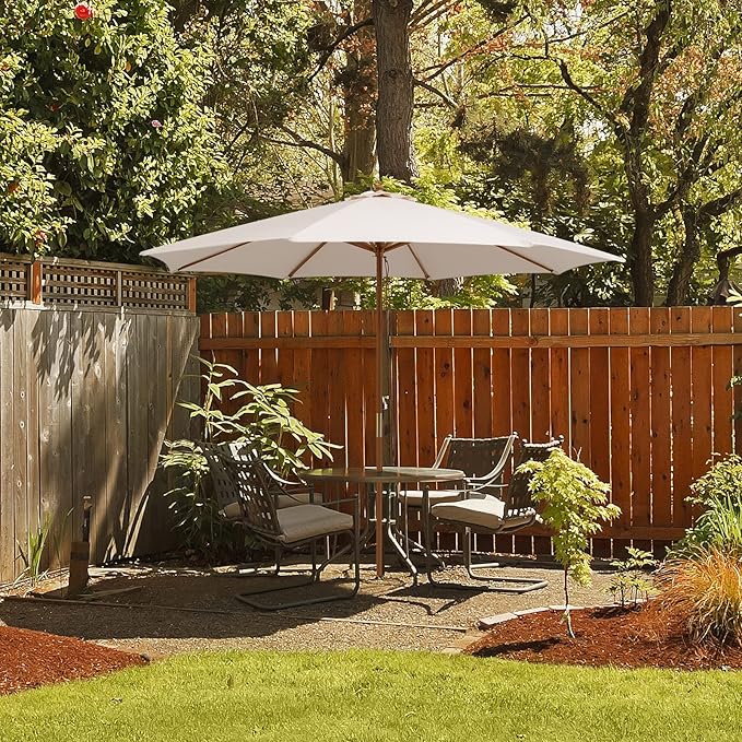 HAPPYGRILL 10 FT Wooden Patio Umbrella with Rope Pulley Lift, 8 Bamboo Ribs, 3 Adjustable Heights, Vented Roof, Outdoor Table Umbrella for Garden Poolside Backyard