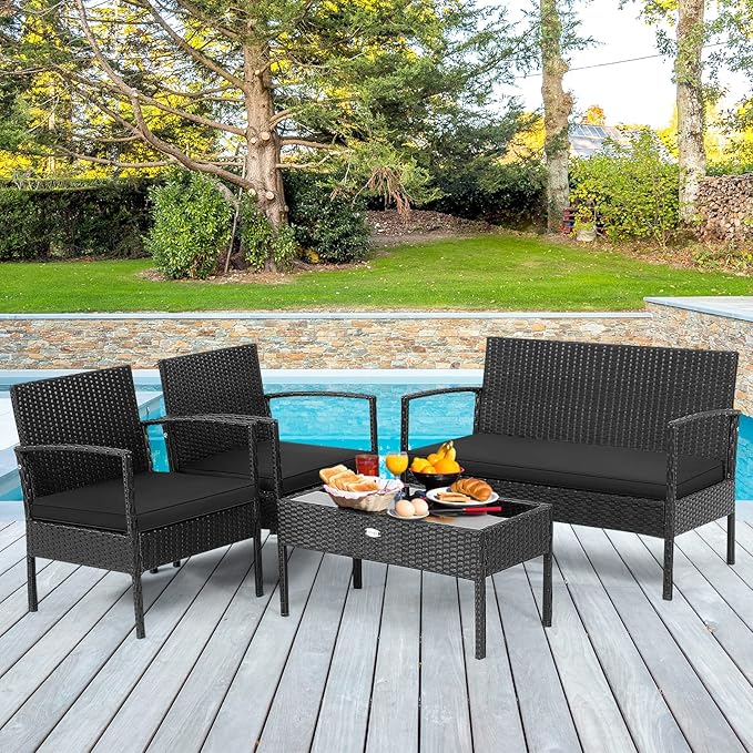 Tangkula 8 Piece Patio Rattan Conversation Set, Outdoor Wicker Furniture with Glass Coffee Table, Solid Steel Structure, Ergonomic Seat, Suitable for Garden, Courtyard, Balcony, Poolside