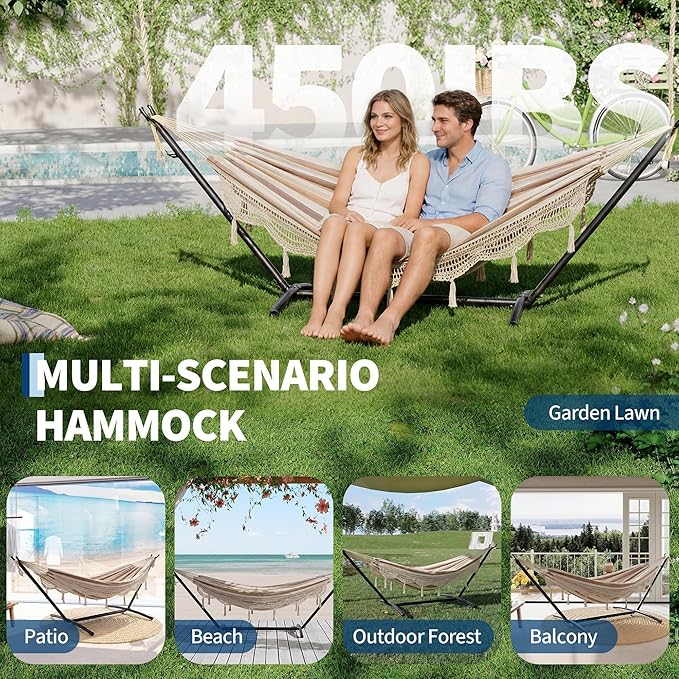 Double Hammock with Stand, 450LBS Capacity, 2 Person Large Hammock, Indoor and Outdoor Hammock, Beige Stripe with Lace, Perfect for Backyard Patio Beach, 9-Foot