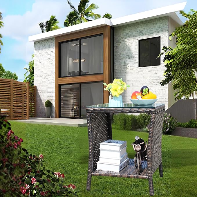 IRONORA Outdoor Wicker Side Table Patio Side Tables for Outside, Tempered Glass Top Wicker Table with Storage End Table for Balcony Porch Deck