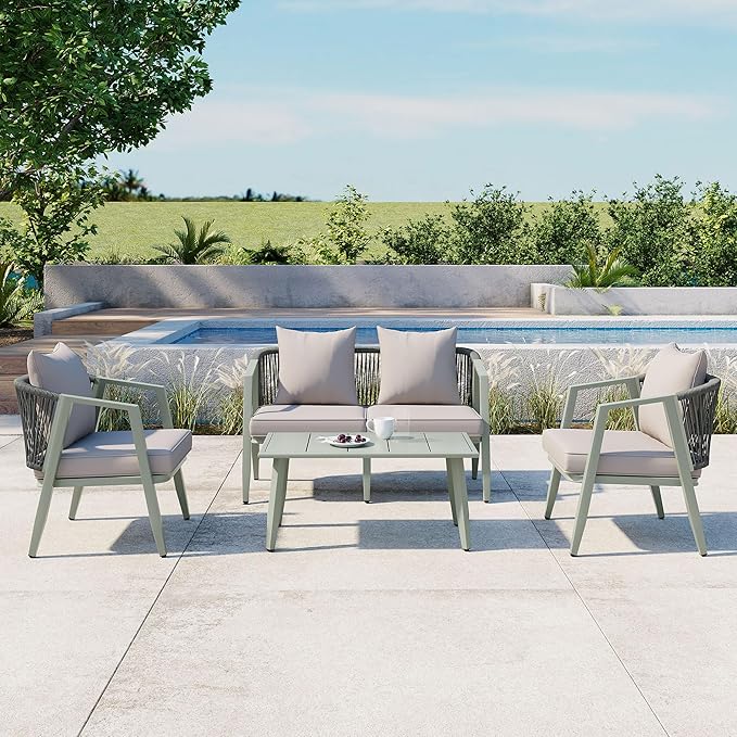 GDFStudio Aoxwe 4 Piece Outdoor Conversation Set, Rope Woven Club Chairs, Woven Open Back Loveseat, Slats Panel Design Coffee Table, Iron Frame Sectional Conversation Set for Poolside, Green