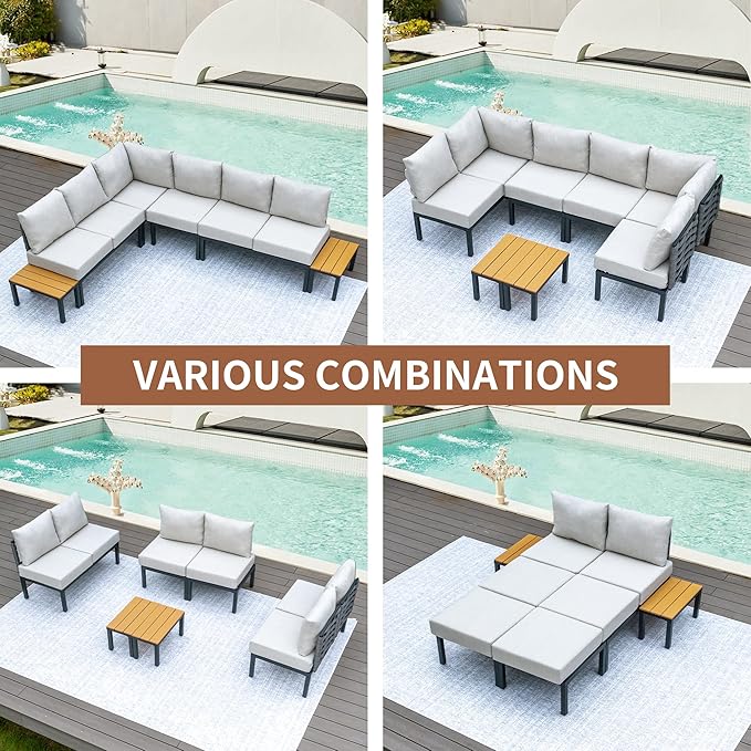 PIZZELLO 8-Piece Outdoor Patio Furniture Set All-Weather Outdoor Conversation Set w/ 6" Ultra Thick Cushions and 2 Coffee Tables, Adjustable Modular Sectional Sofa for Porch, Balcony, Beige